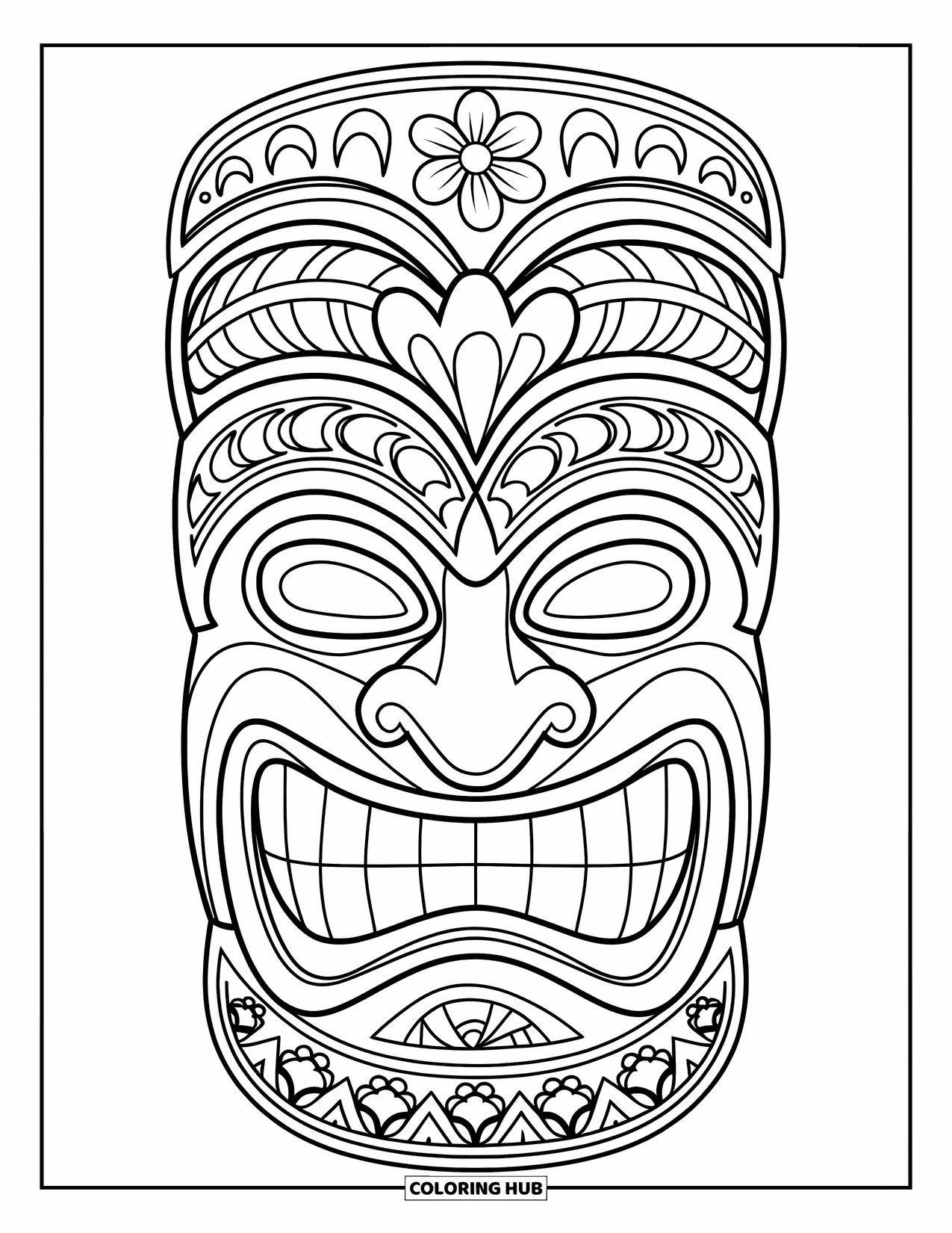 Hawaii Coloring Page for Kids: A cheerful tiki mask with big eyes is decorated with bold floral designs
