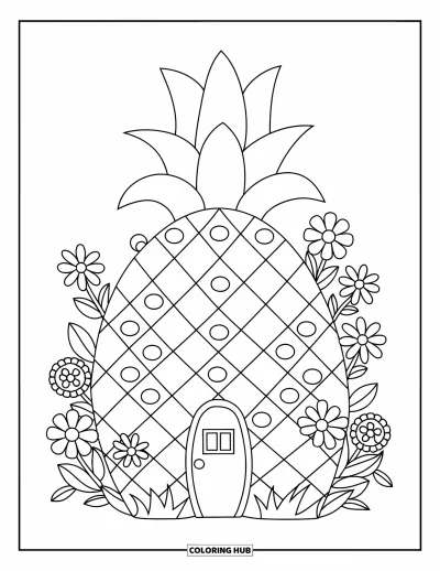 Coloriage Hawaï pour enfants : Une maison ananas douillette est installée dans un joyeux jardin fleuri avec une petite porte