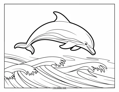 Coloriage Hawaï pour enfants : Un dauphin s'élance dans les airs au-dessus de douces vagues océaniques
