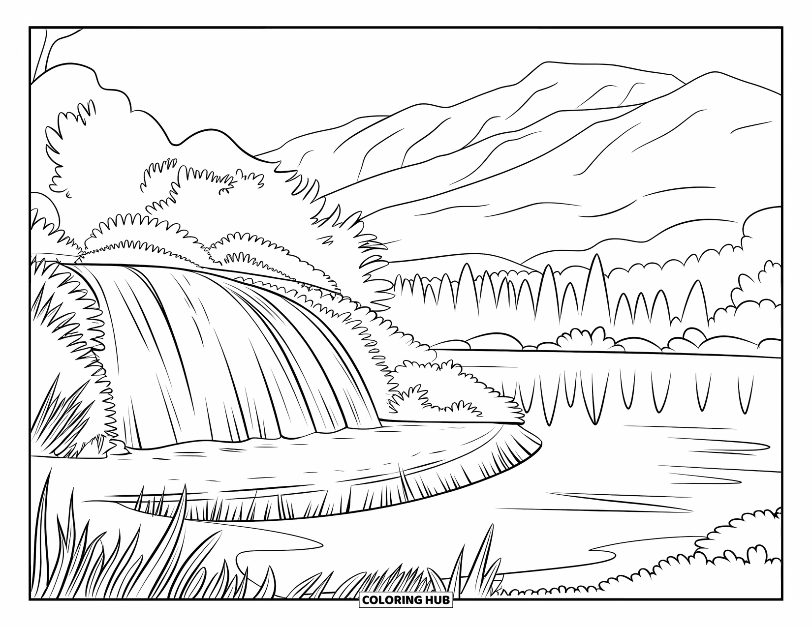 Hawaii Coloring Page for Kids: A gentle waterfall flows into a calm lagoon surrounded by mountains