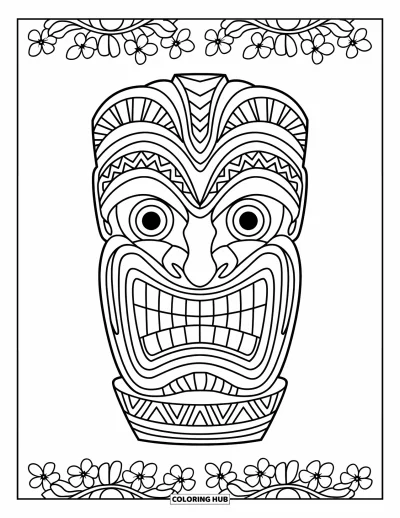 Coloriage Hawaï pour enfants : Un masque tiki souriant avec des motifs repose sur un support en bois parmi les fleurs