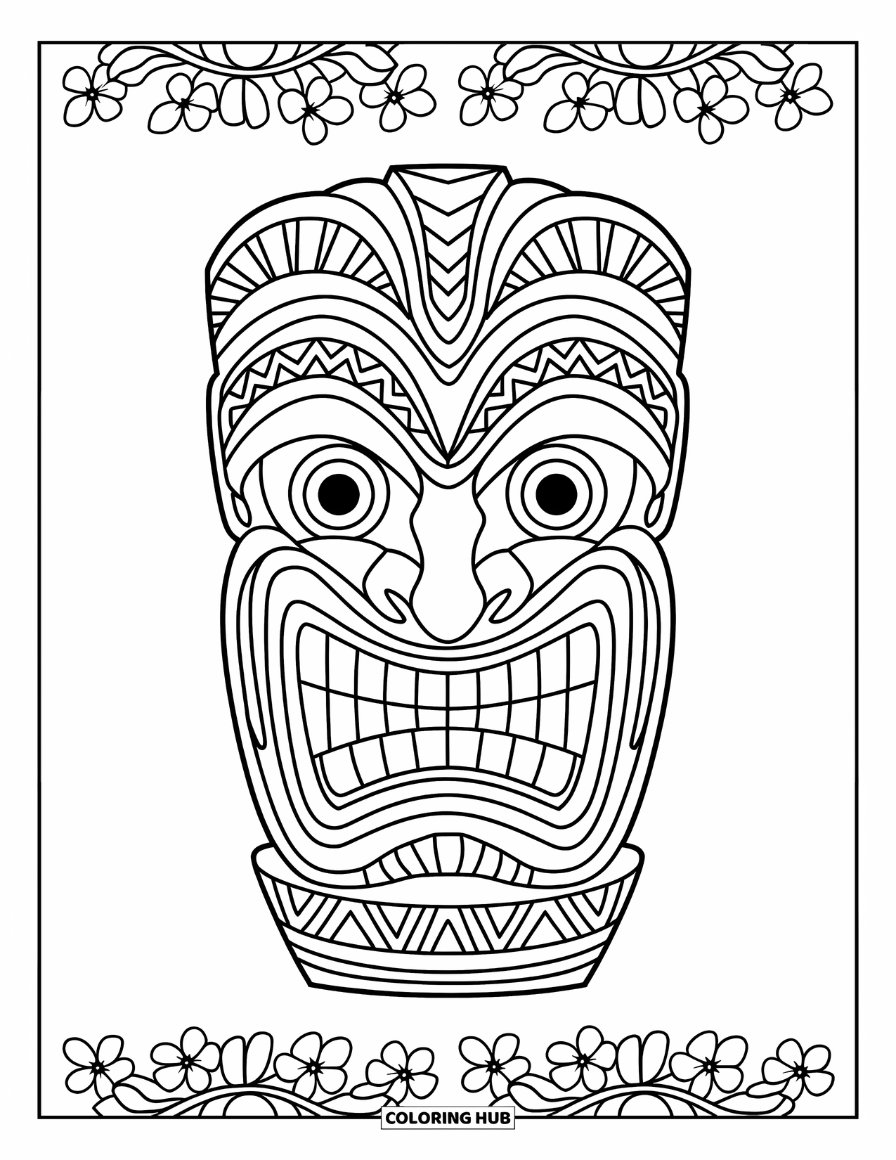 Hawaii Coloring Page for Kids: A grinning tiki mask with patterns sits on a wooden stand among flowers
