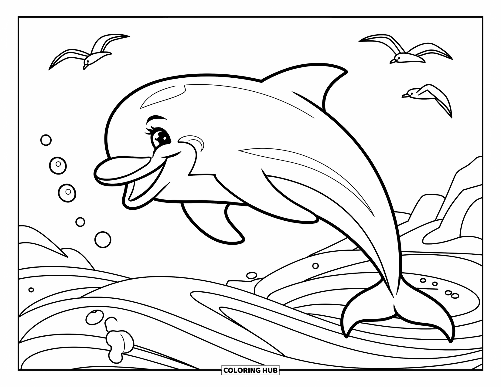 Hawaii Coloring Page for Kids: A happy dolphin leaps through the air with bubbles and seagulls around