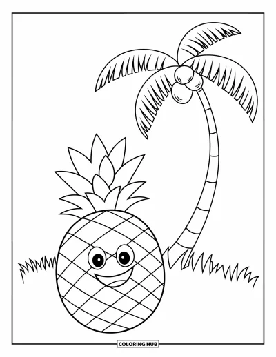 Coloriage Hawaï pour enfants : Un ananas souriant se repose sous un cocotier dans un champ verdoyant et tranquille
