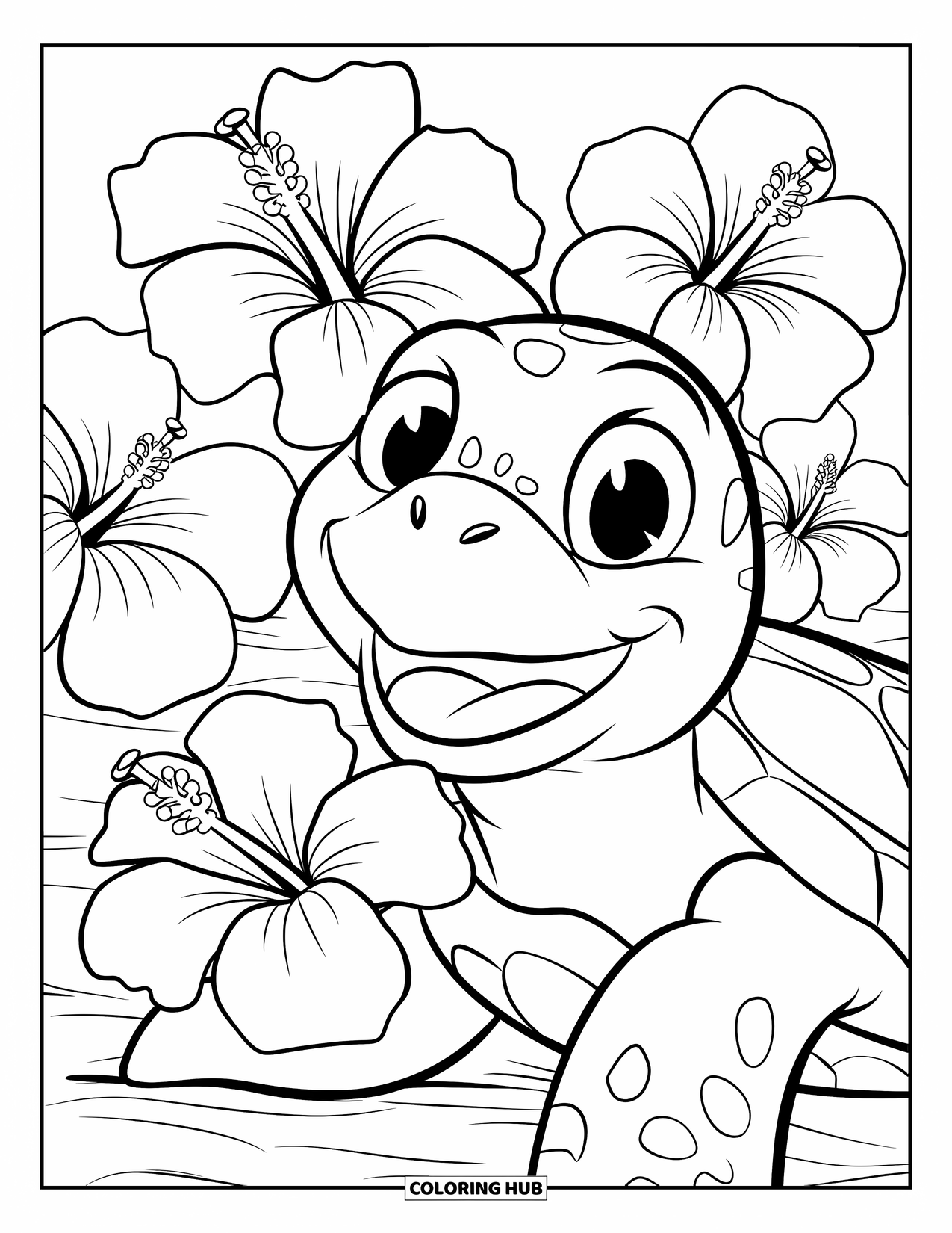 Hawaii Coloring Page for Kids: A happy sea turtle holds a flower near the ocean surrounded by tropical blooms