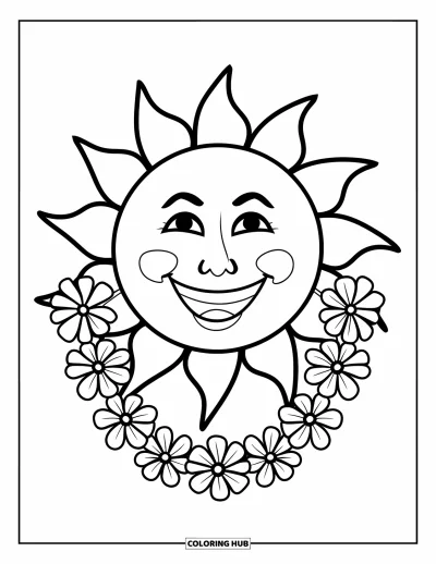 Coloriage Hawaï pour enfants : Un soleil joyeux portant un collier de fleurs rayonne avec un grand sourire sur fond blanc