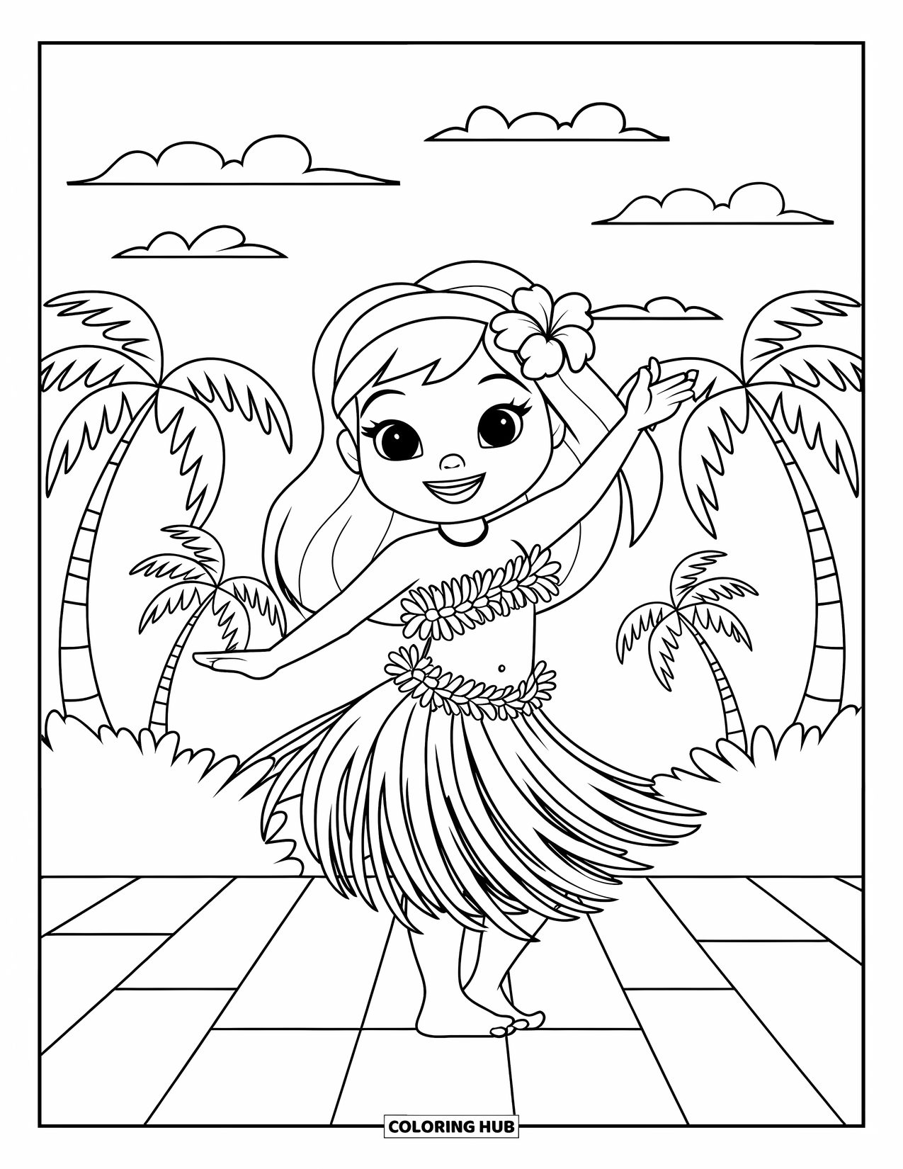 Hawaii Coloring Page for Kids: A hula girl in a skirt and polka-dot top dances under a sky full of palm trees