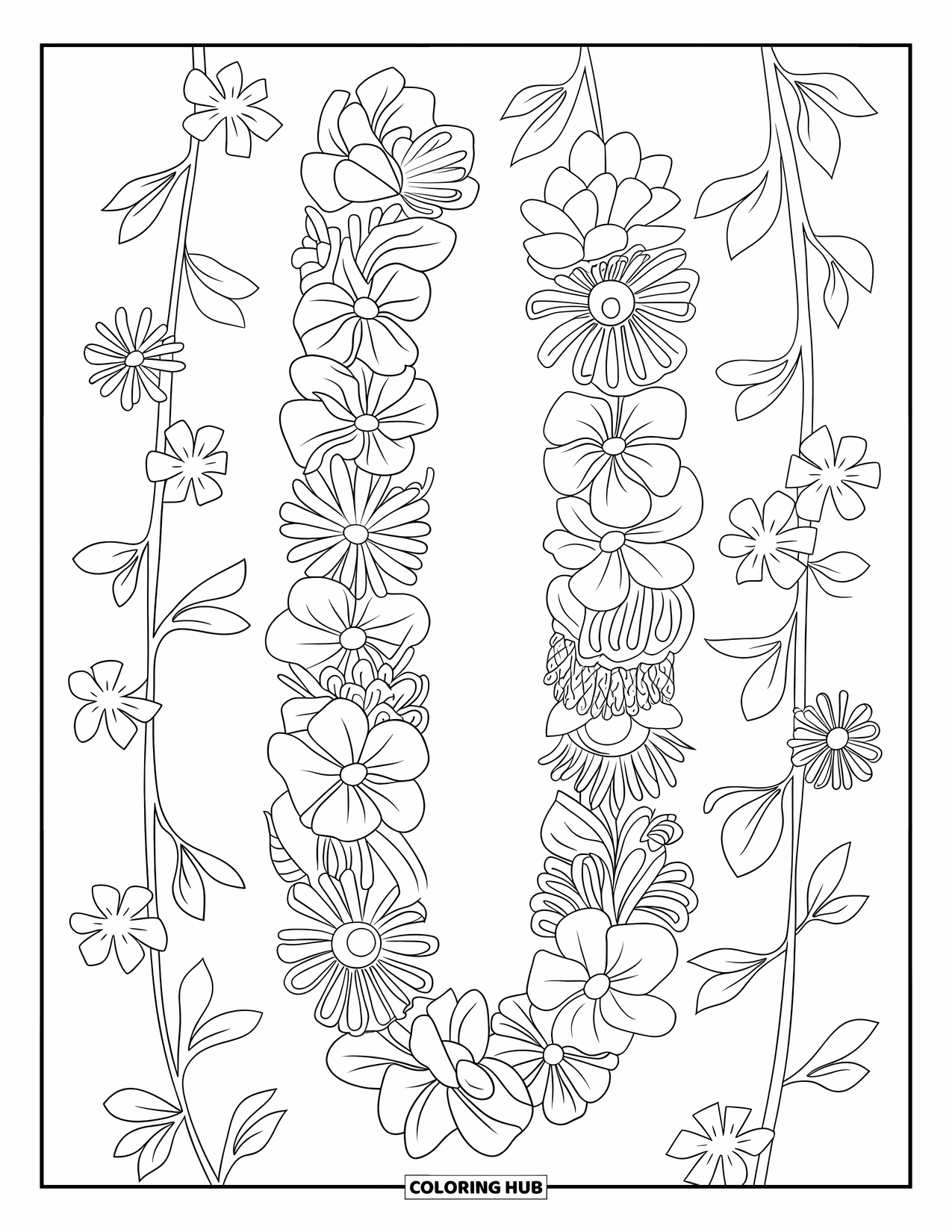 Hawaii Coloring Page for Kids: A lei made of flowers and vines curls softly on a clean background