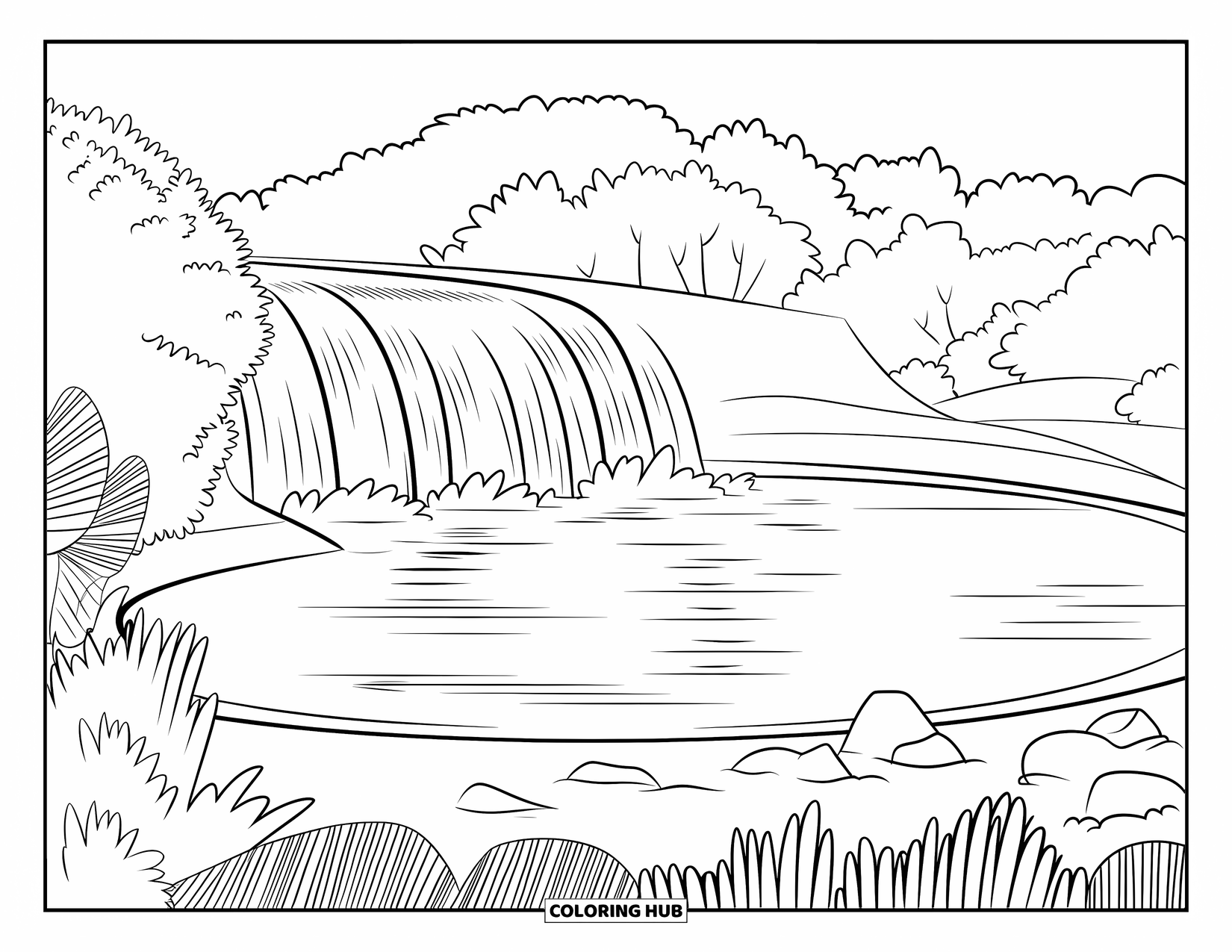 Hawaii Coloring Page for Kids: A medium waterfall pours into a peaceful lagoon with trees and rocks nearby