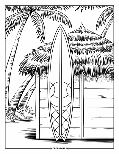 Coloriage Hawaï pour enfants : Une planche de surf à motifs repose sur une case entourée de palmiers ondulants