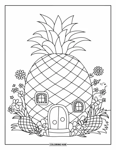 Coloriage Hawaï pour enfants : Une maison en forme d'ananas est entourée d'un jardin de fleurs tropicales