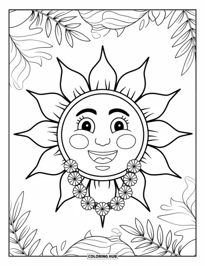 Coloriage Hawaï pour enfants : Un soleil rieur portant un collier de fleurs sourit chaleureusement, parfait pour les petites mains