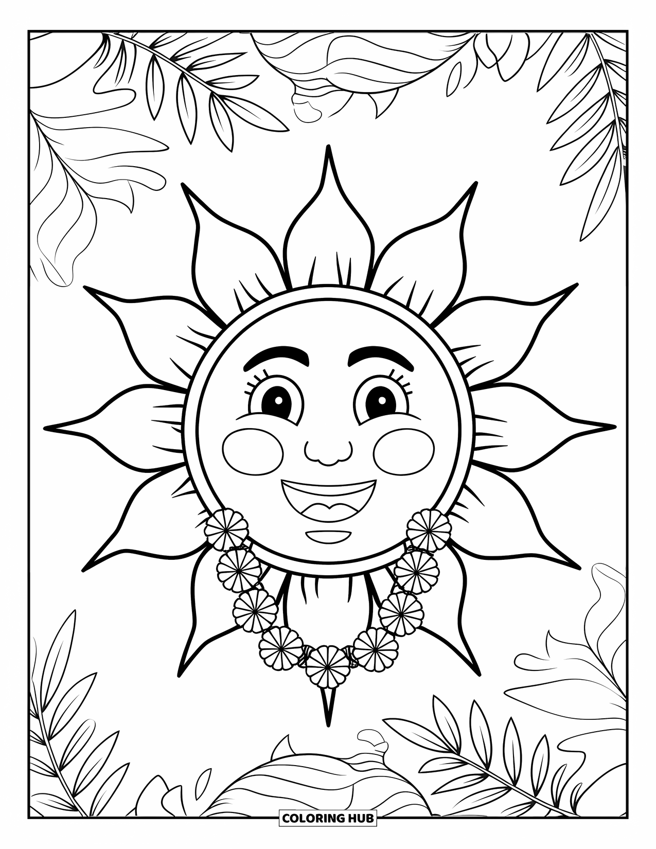 Hawaii Coloring Page for Kids: A playful sun with a lei smiles warmly, perfect for little hands to color