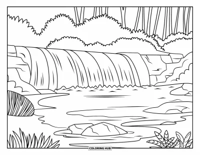 Coloriage Hawaï pour enfants : Une cascade rocheuse rejoint un lagon de sable entouré de plantes et de grands arbres