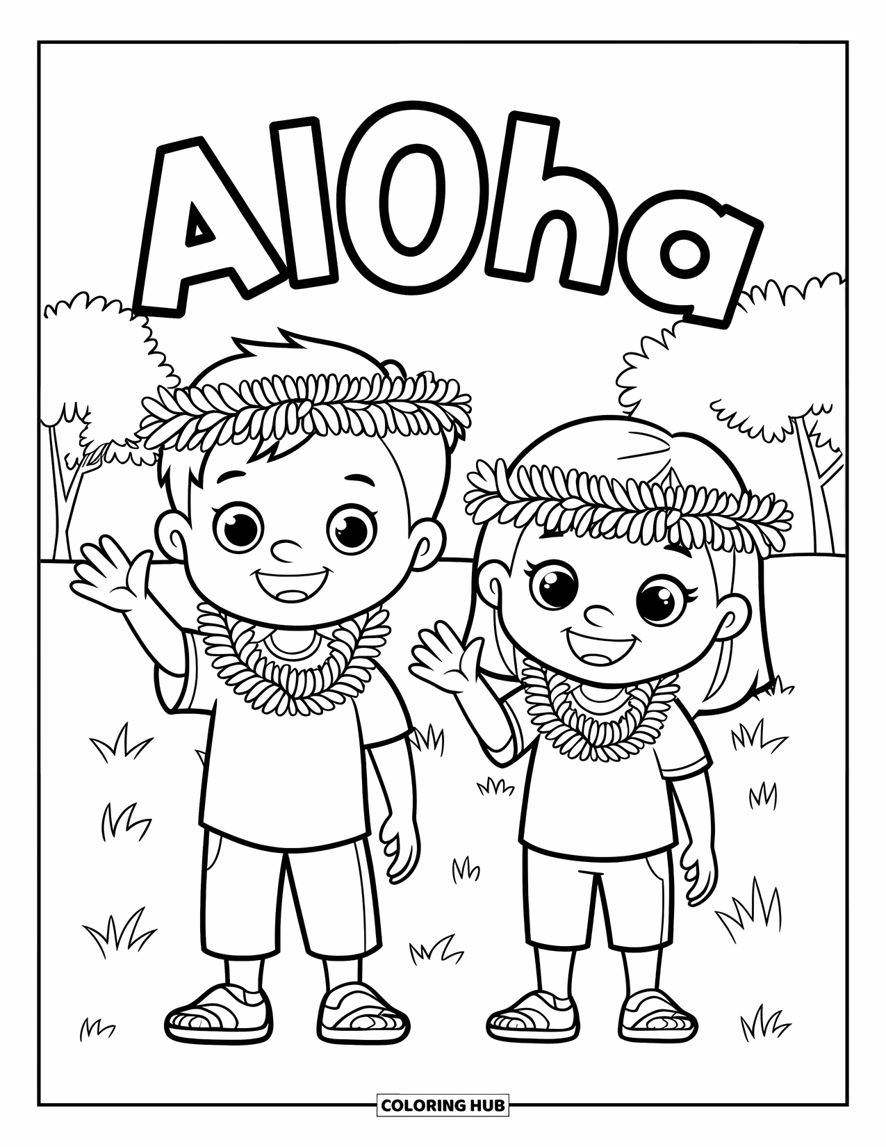 Hawaii Coloring Page for Kids: A smiling boy and girl wearing leis wave on a grassy field with trees behind them
