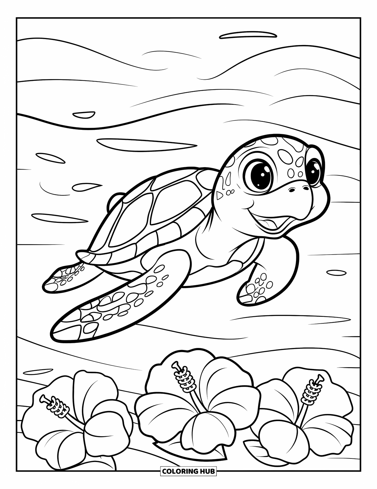 Hawaii Coloring Page for Kids: A smiling sea turtle swims near hibiscus flowers in a peaceful ocean