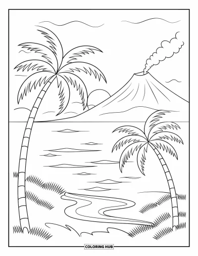 Coloriage Hawaï pour enfants : Un coucher de soleil illumine un volcan, des palmiers et un océan paisible