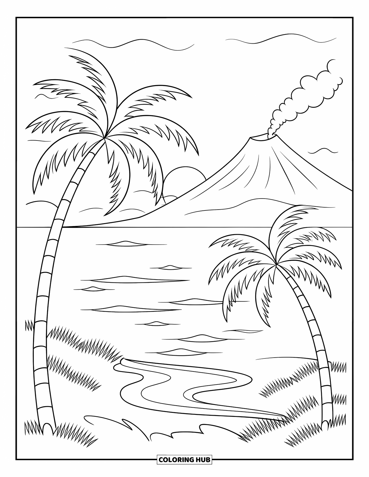 Hawaii Coloring Page for Kids: A sunset glows behind a volcano, palm trees, and a peaceful ocean