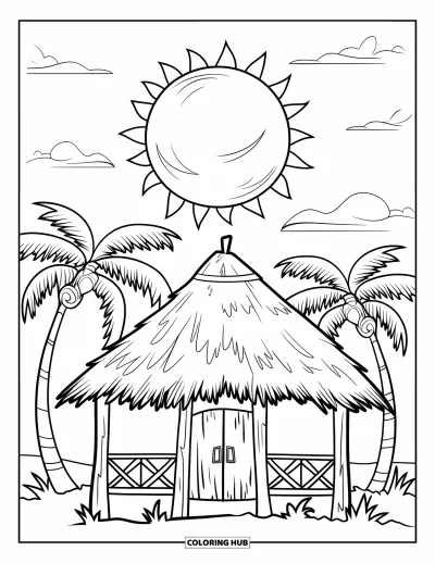 Coloriage Hawaï pour enfants : Une case tiki se dresse sous un soleil rond entourée de palmiers de tous côtés