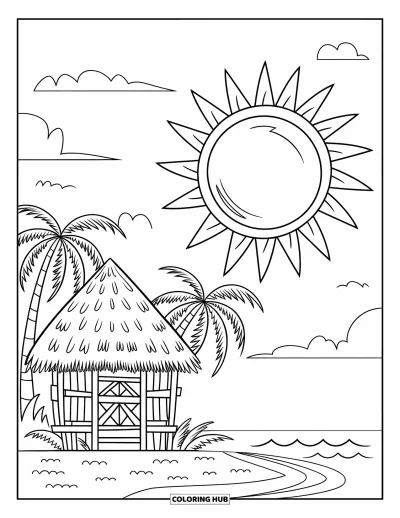 Coloriage Hawaï pour enfants : Une case tiki au toit de chaume se dresse au bord de l'océan sous un ciel ensoleillé