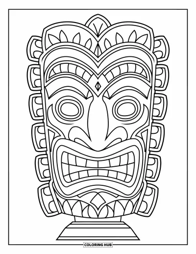 Coloriage Hawaï pour enfants : Un masque tiki souriant trône sur un piédestal de fleurs