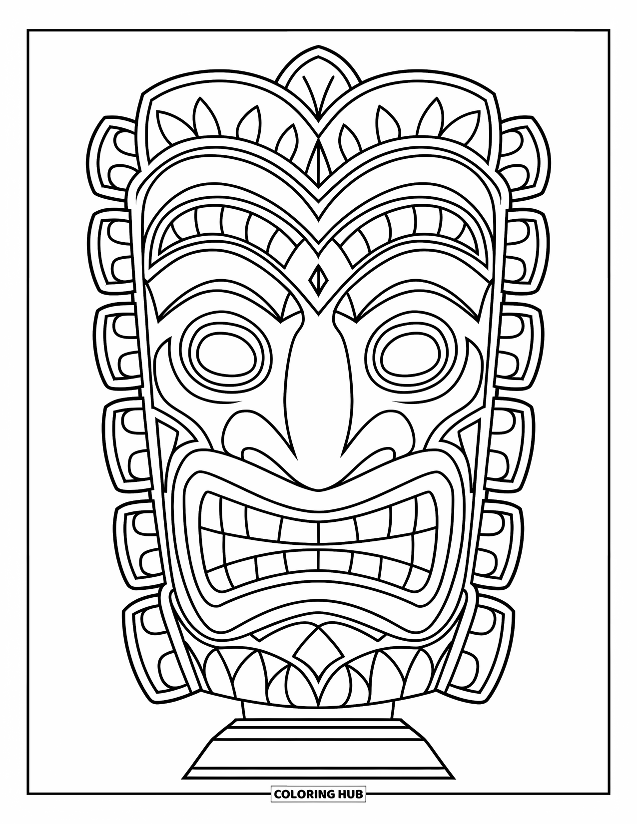 Hawaii Coloring Page for Kids: A tiki mask smiles wide while sitting on a pedestal of flowers
