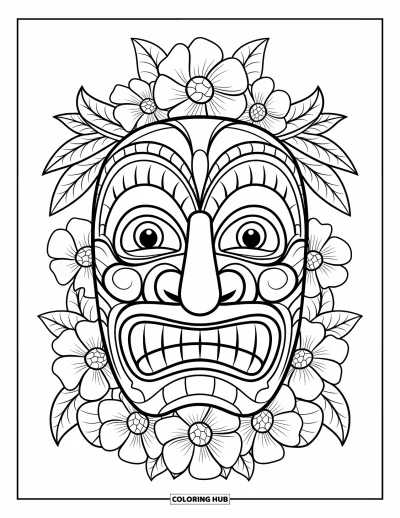 Coloriage Hawaï pour enfants : Un masque tiki aux grands yeux est encadré de fleurs tropicales