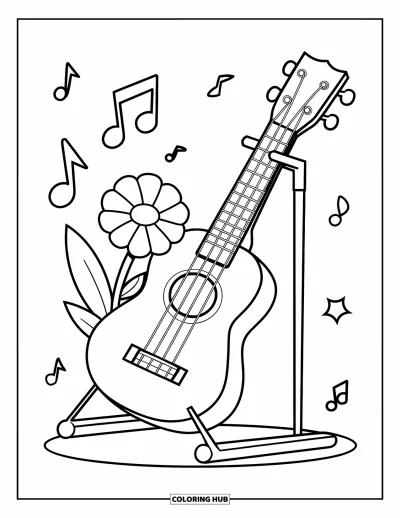Coloriage Hawaï pour enfants : Un ukulélé avec une fleur et des notes apporte une ambiance festive à la scène