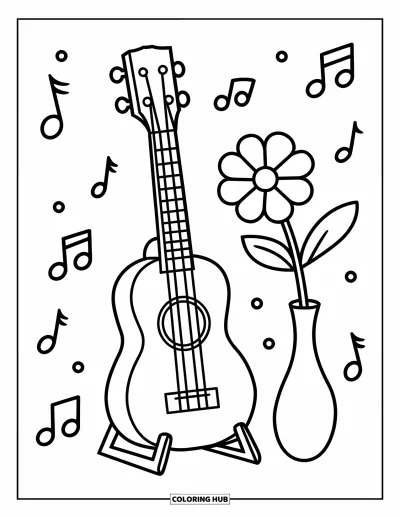 Coloriage Hawaï pour enfants : Un ukulélé avec un vase et des notes de musique flottantes repose doucement sur un support