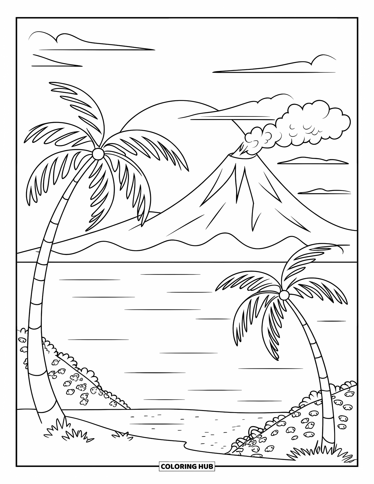 Hawaii Coloring Page for Kids: A volcano and palm trees frame a calm ocean with clouds in the sky