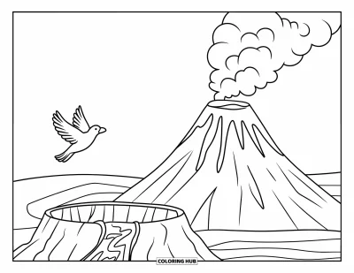 Coloriage Hawaï pour enfants : Un volcan crache de la fumée dans le ciel pendant qu'un oiseau plane à proximité
