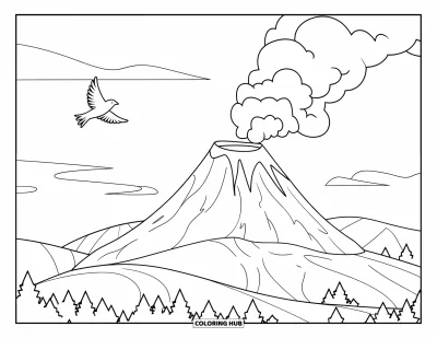 Coloriage Hawaï pour enfants : Un volcan entouré de verdure envoie de la fumée vers le ciel pendant qu'un oiseau passe