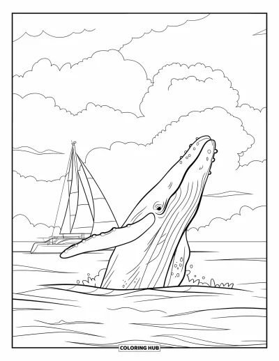 Coloriage Hawaï pour enfants : Une baleine et un voilier partagent la mer sous un vaste ciel nuageux
