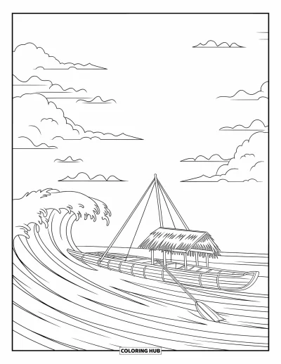 Coloriage Hawaï pour enfants : Une pirogue en bois avec un toit de chaume se balance doucement sur des vagues mousseuses