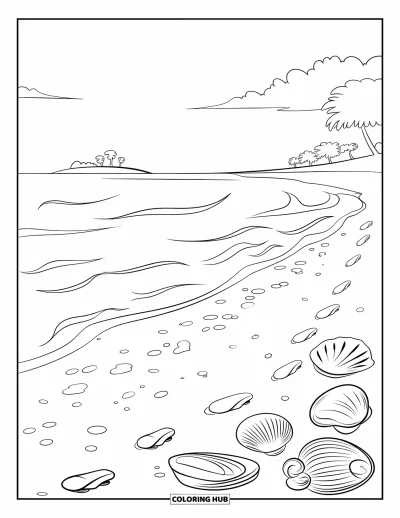 Coloriage Hawaï pour enfants : Des empreintes de pas mènent aux vagues sur une plage parsemée de coquillages et d'une île lointaine
