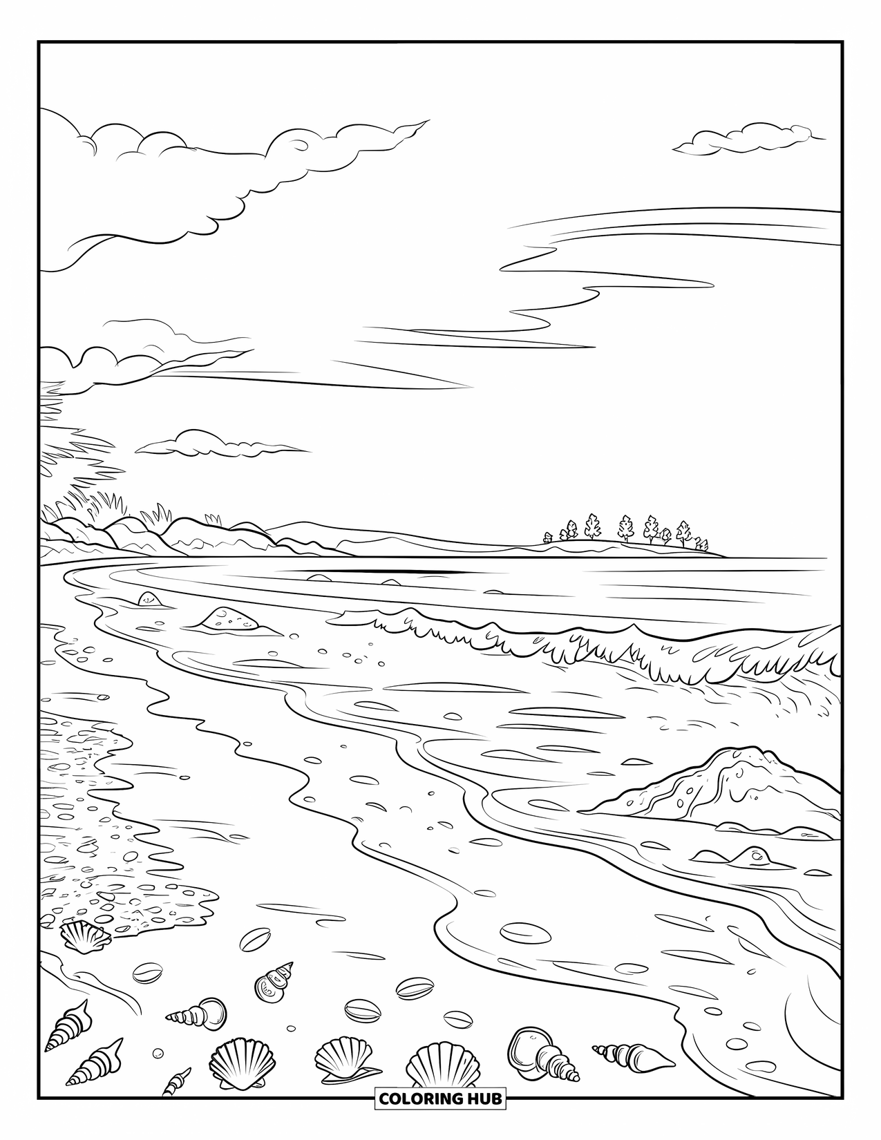 Hawaii Coloring Page for Kids: Gentle waves reach a sandy beach with rocks, seashells, and a far-off island