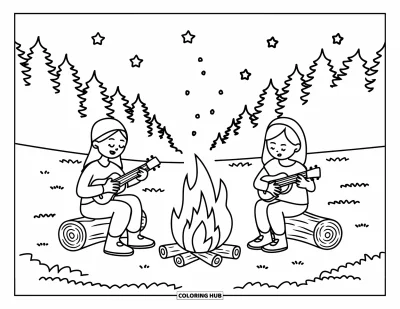 Coloriage Hawaï pour enfants : Un ami joue du ukulélé pendant que l'autre se tient près d'un feu de camp sous des arbres étoilés