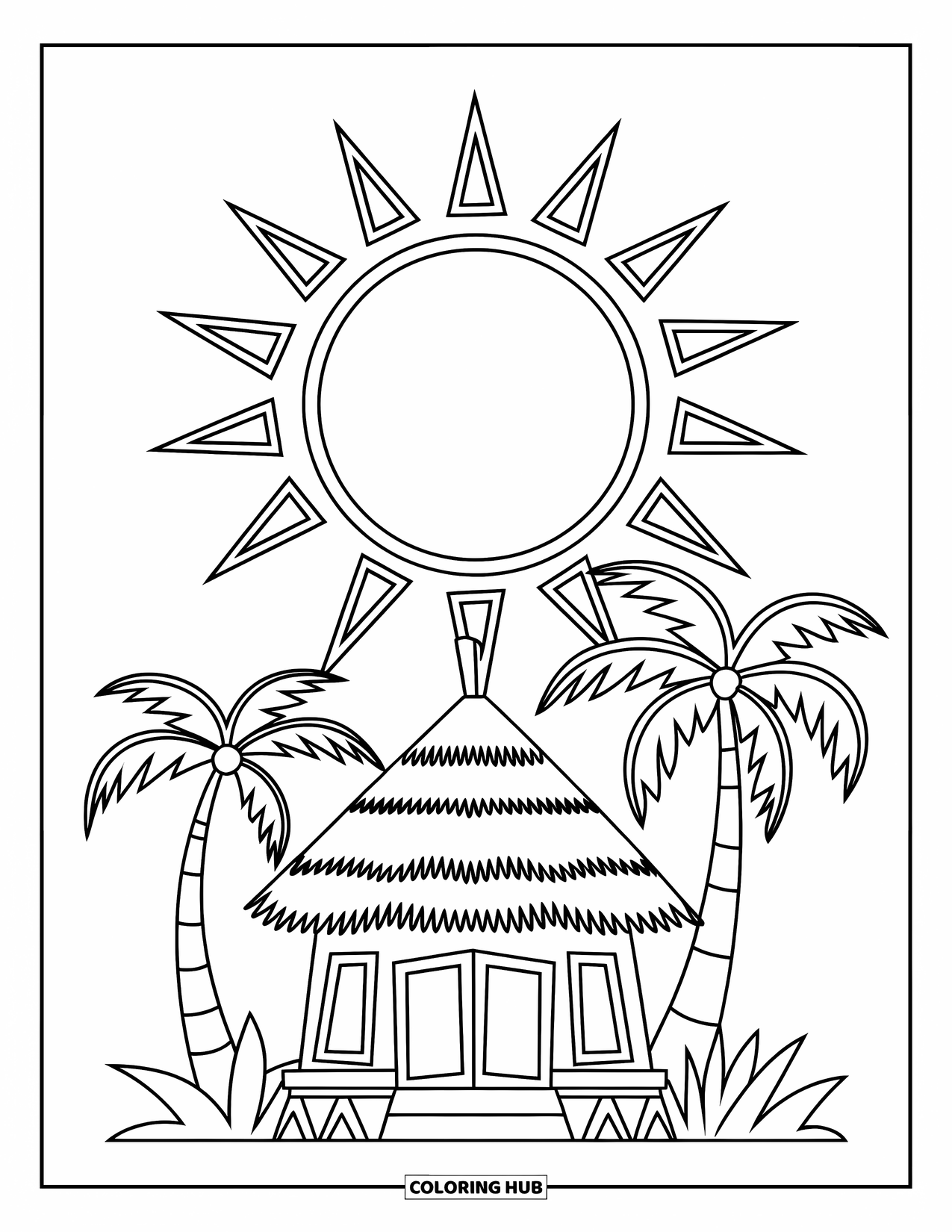 Hawaii Coloring Page for Kids: Palm trees and a warm sun surround a tiki hut with cheerful, easy-to-color shapes