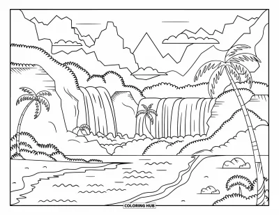 Coloriage Hawaï pour enfants : Palmiers, cascades et montagnes se mêlent aux vagues dans un cadre hawaïen paisible