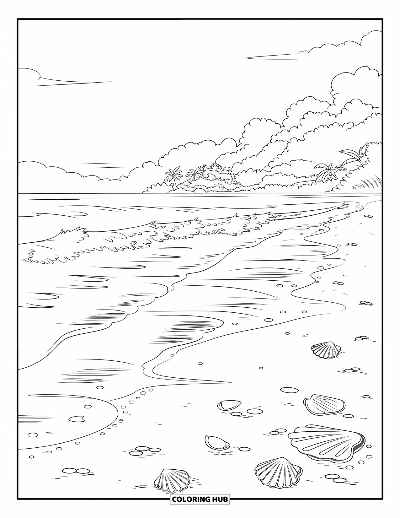 Hawaii Coloring Page for Kids: Seashells lie on wet sand as waves roll in near an island with green trees