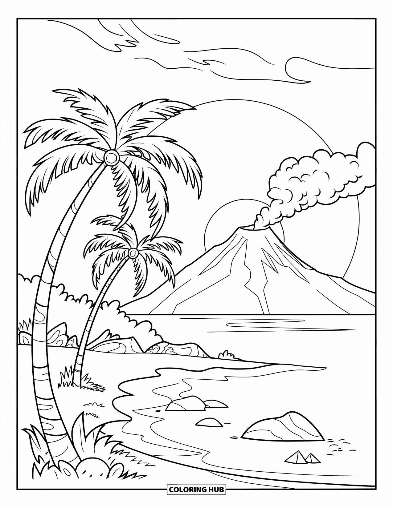 Hawaii Coloring Page for Kids: Smoke rises from a volcano behind palm trees as the sun sets