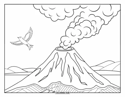 Coloriage Hawaï pour enfants : De la fumée s'élève d'un volcan tandis qu'un oiseau plane dans un ciel simple