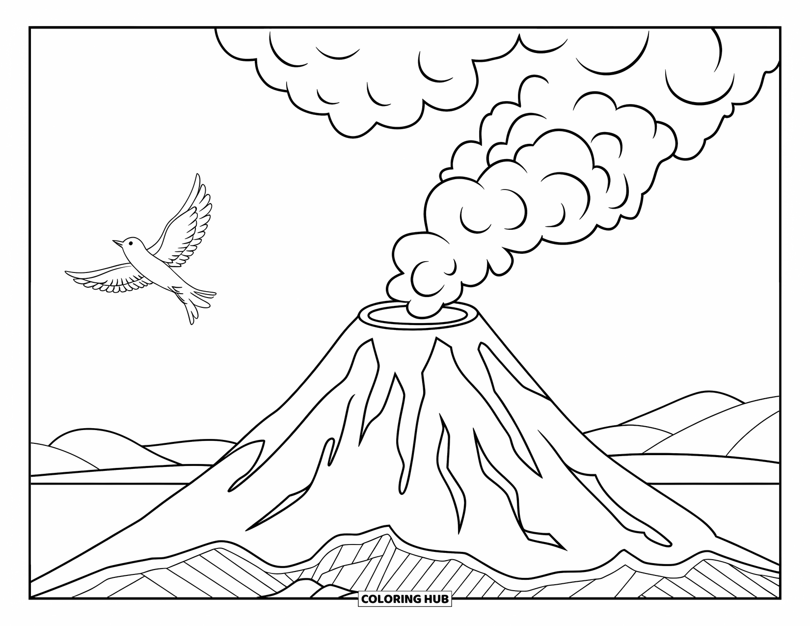 Hawaii Coloring Page for Kids: Smoke rises from a volcano while a bird glides across a simple sky