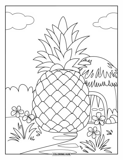 Coloriage Hawaï pour enfants : Des fleurs tropicales s'épanouissent autour d'une maison ananas sous un ciel aux nuages légers