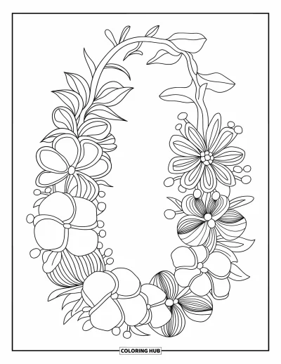 Coloriage Hawaï pour enfants : Des lianes torsadées et des fleurs forment un beau collier de fleurs expressif