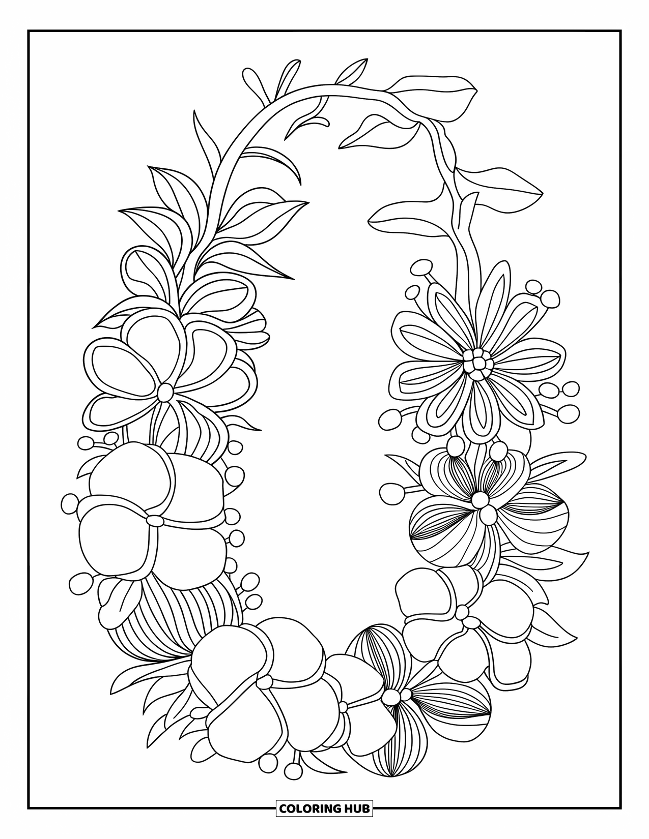 Hawaii Coloring Page for Kids: Twisting vines and flowers shape a bold, expressive lei design