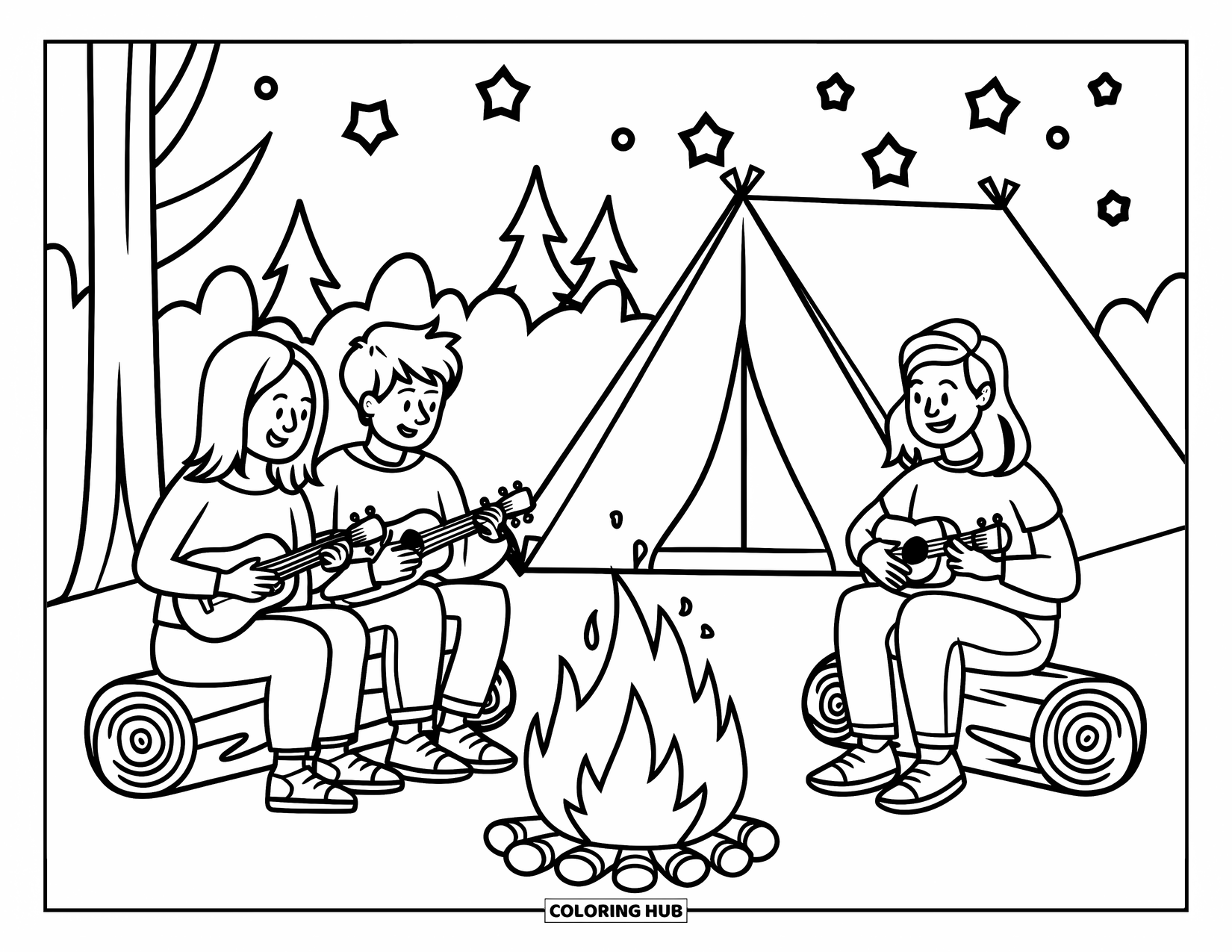 Hawaii Coloring Page for Kids: Two friends strum ukuleles near a campfire with a tent and forest behind them