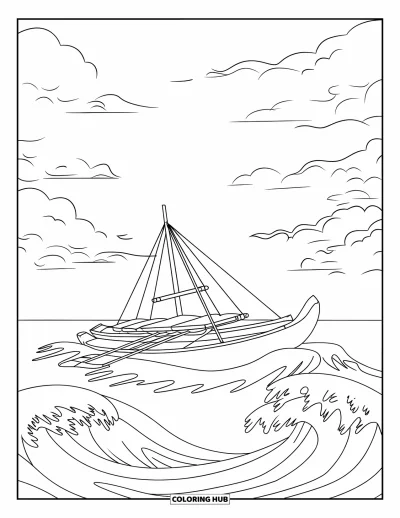 Coloriage Hawaï pour enfants : Des vagues déferlent autour d'une pirogue voguant seule sur la haute mer