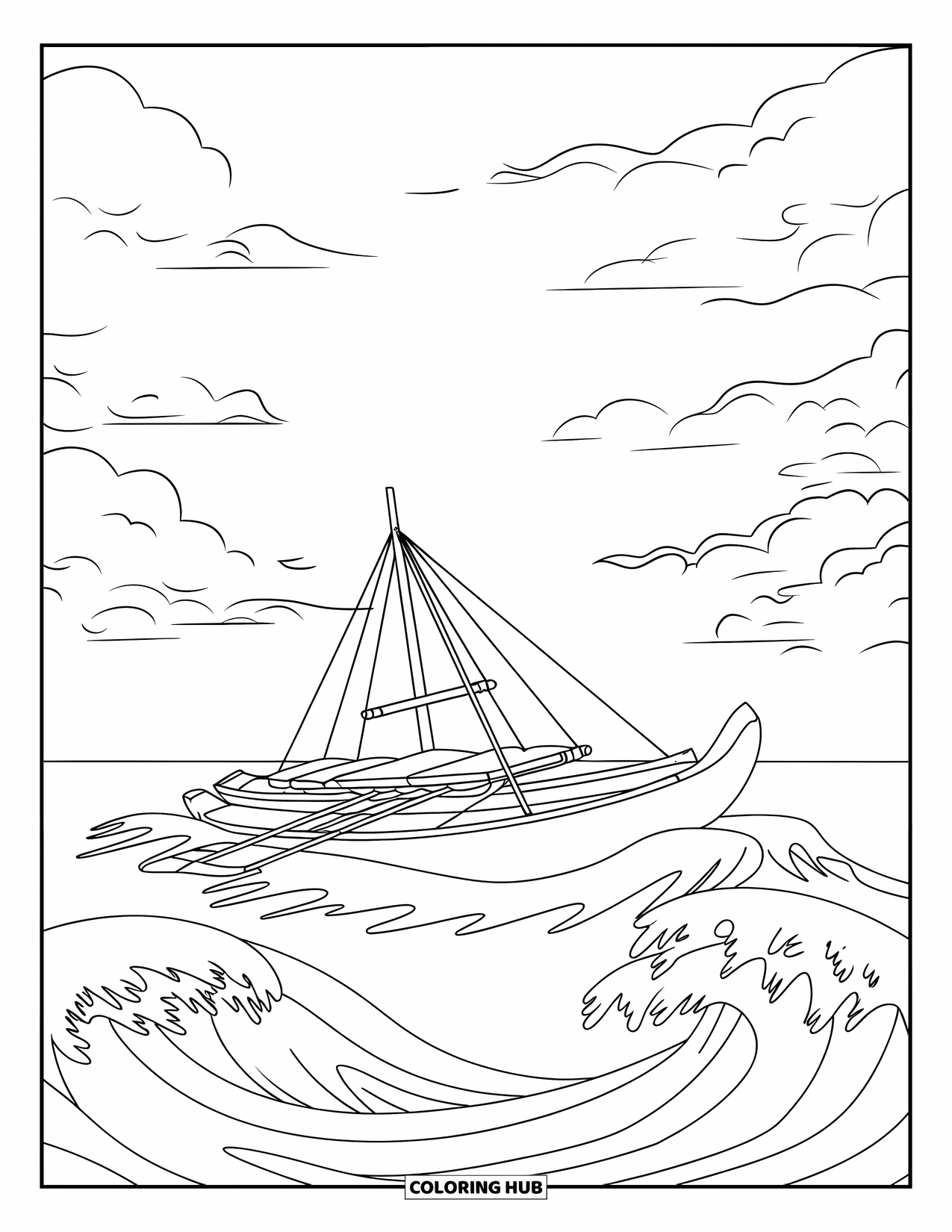 Hawaii Coloring Page for Kids: Waves crash around a canoe sailing alone on the open sea