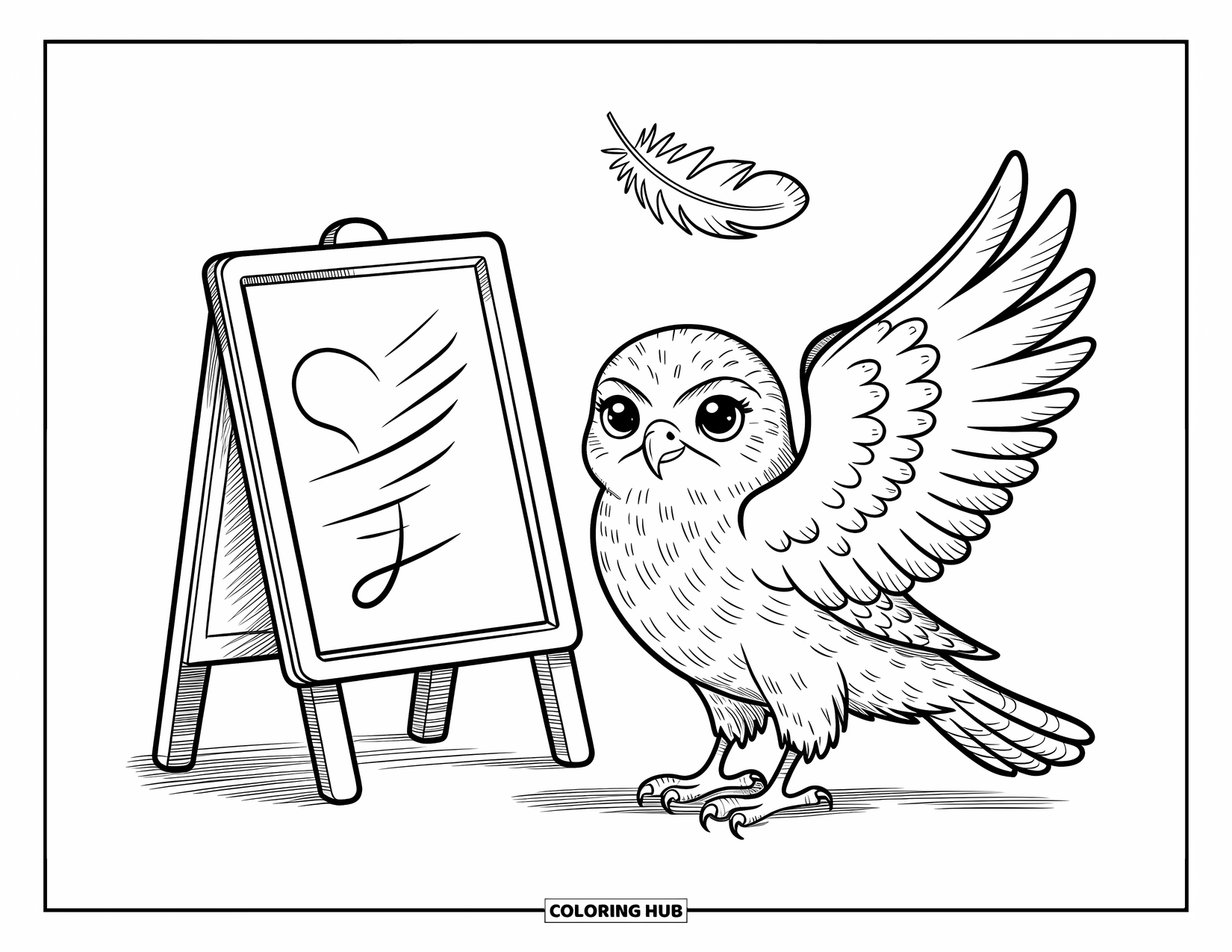 Hawk Coloring Page for Adults: Confident hawk flaps its wings near a chalkboard sketch and floating feather